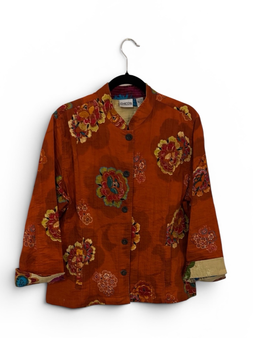 CHICO'S Burnt Orange Floral Corton Jacket